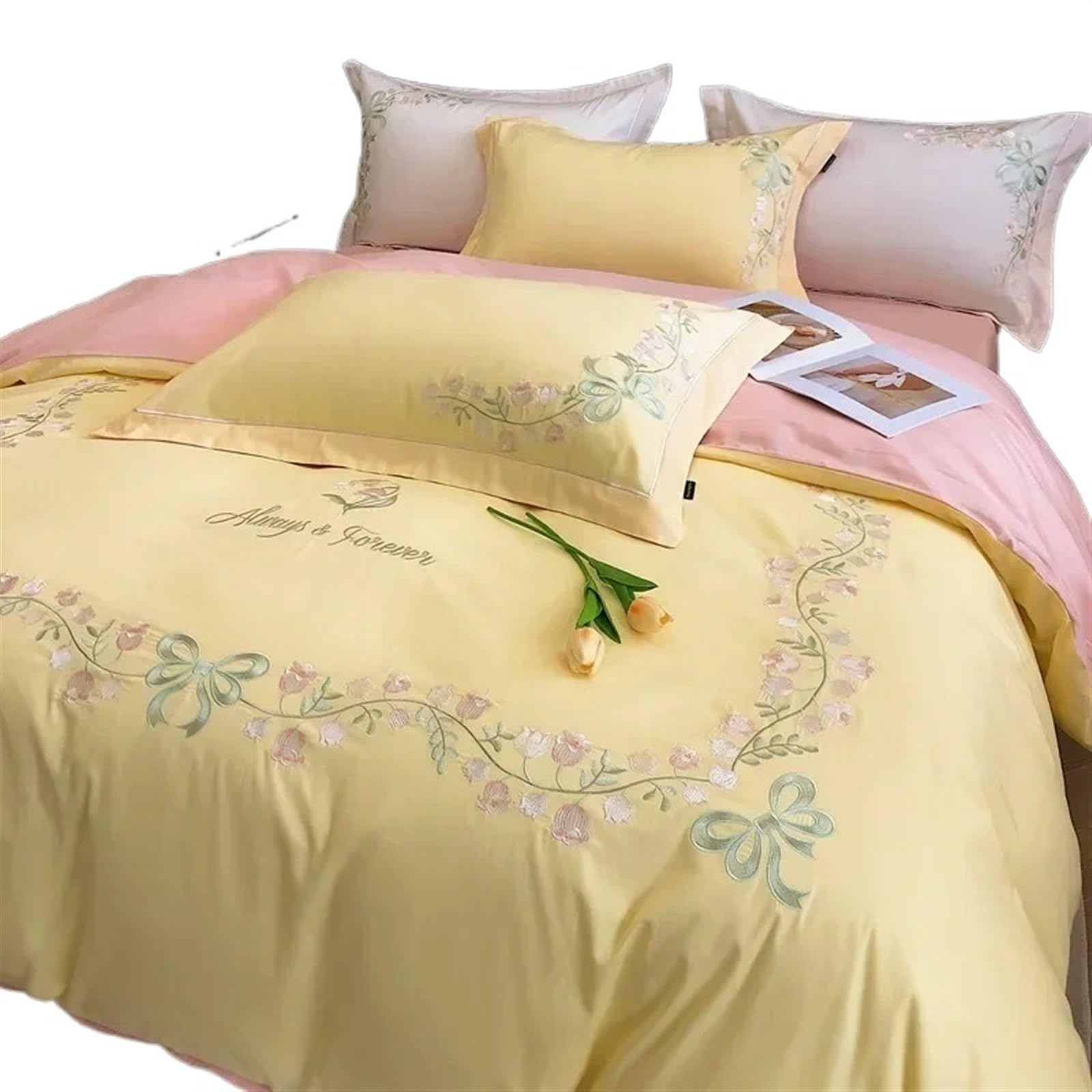 Literie broderie lys ensemble quatre pièces coton luxe jaune 180cm