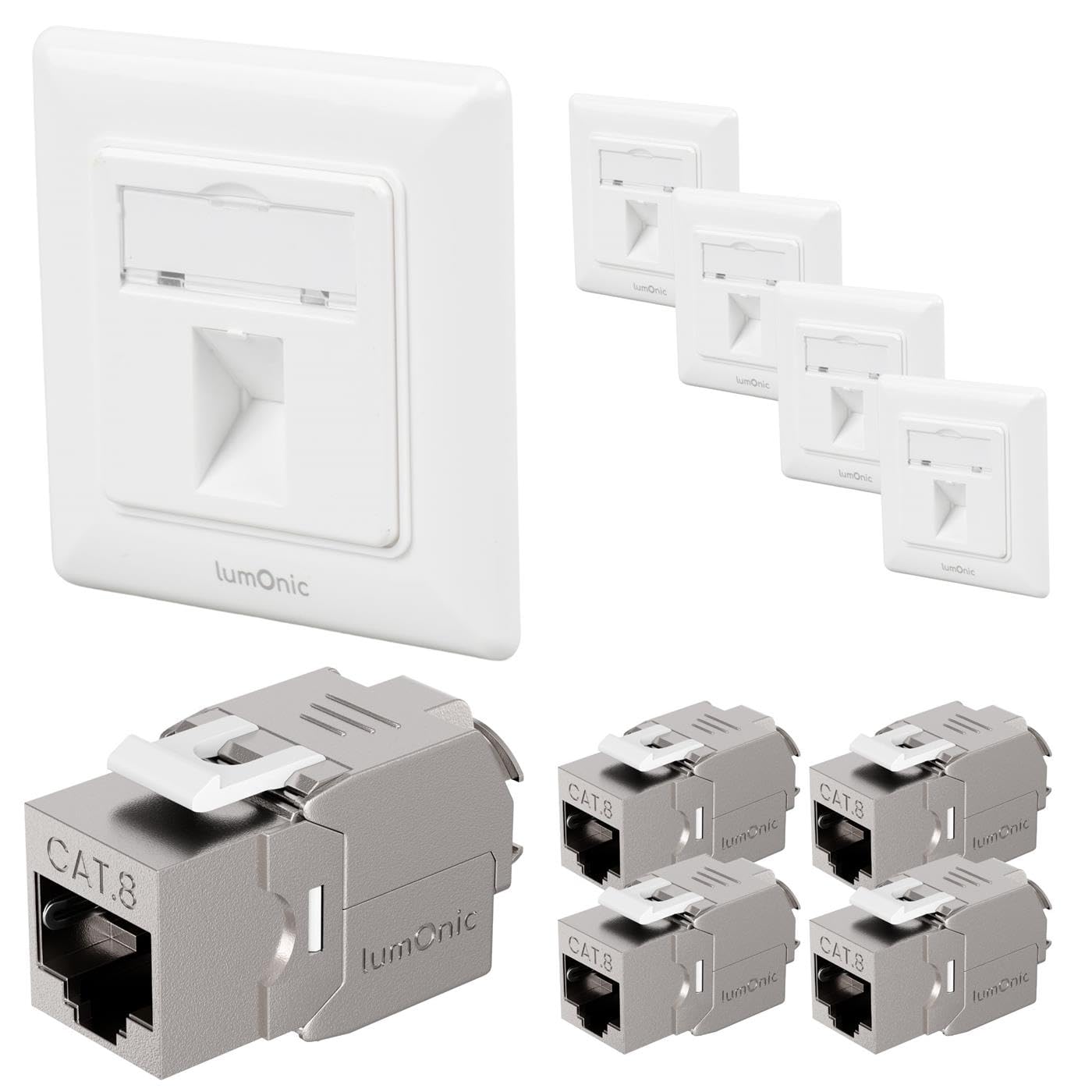 Lumonic Lot de 5 Cadre Keystone encastré Module CAT8 Inclus | 1 Port Snap-in I Montage Keystone sans Outil | Système Standard 55 | Ethernet jusqu'à 40 Gbit/s AWG22-24 | RJ45 entièrement blindé |