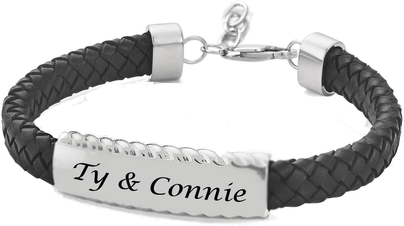 A & L Engraving Personalized Small Wrist Black Leather Cord & Stainless Steel ID Bracelet Custom Engraved Free - Ships from USA