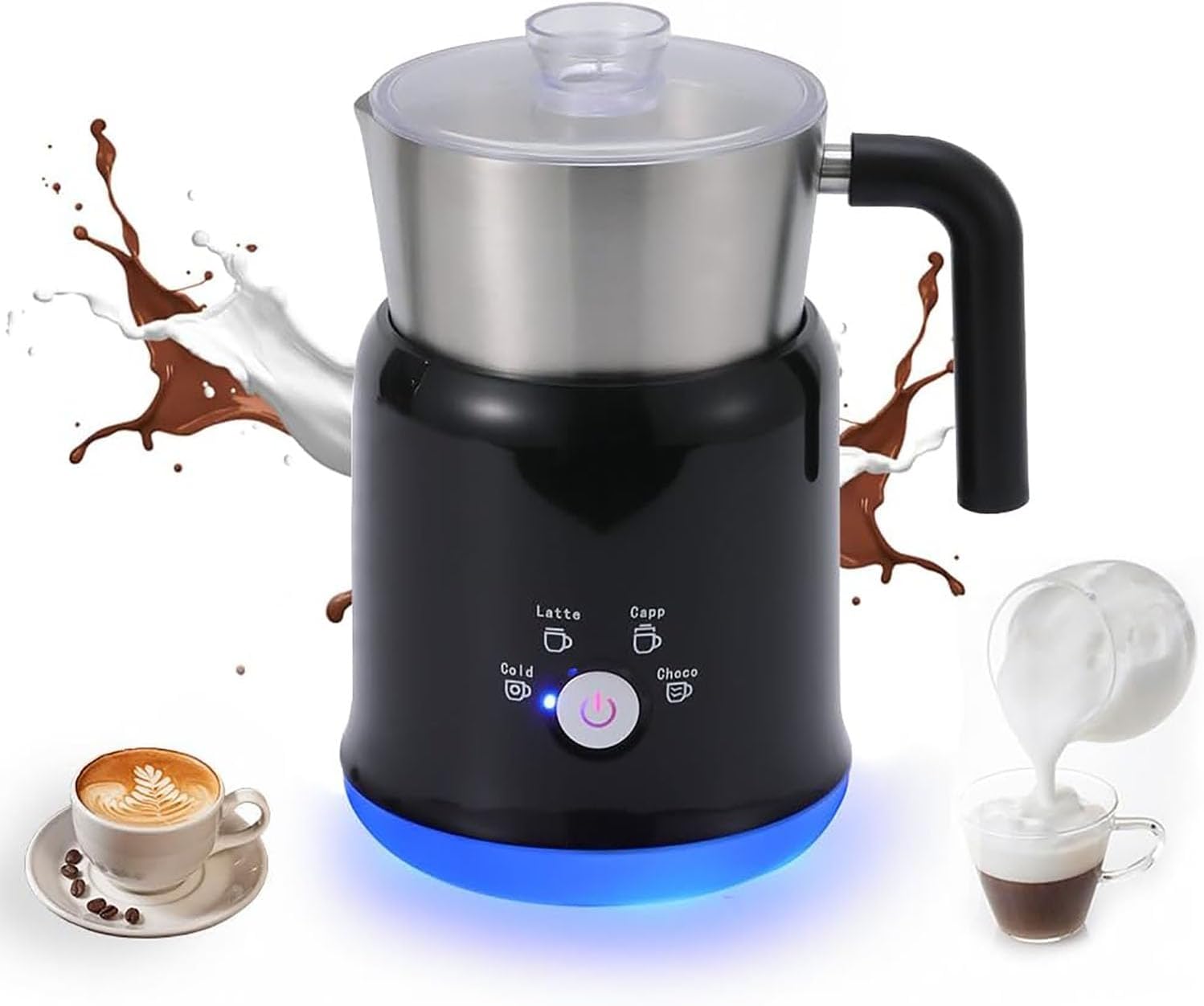 Coffee Milk Frother, Electric Milk Heating Milk Frother with Transparent Visible Cup Lid, Hot and Cold Doubles, Detachable Design, Even and Fine Milk Foam (Black)