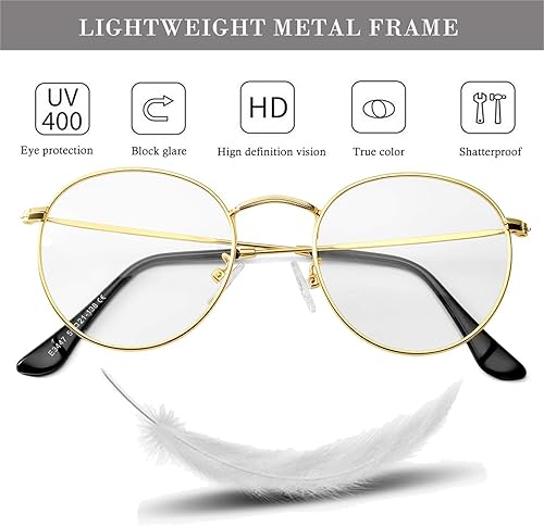 Vista 6 de HJSTES Gafas redondas de luz azul para mujeres y hombres, lentes retro con montura de metal