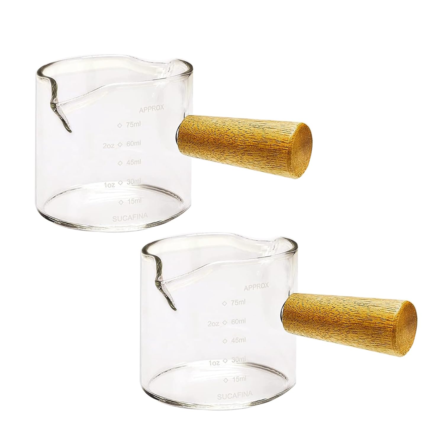 Turodeuo Brown 2Pcs Double Spouts Espresso Shot Glasses Measuring Glass Espresso Cups Cookware With Wood Handle For Milk Coffee, 75 Ml Wood
