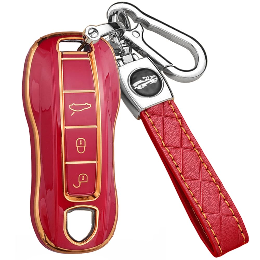 SANRILY for Porsche 911 Key Fob Cover 2021 2020 Keyless Keychain Holder Fashion TPU Full Protector Red Key Fob Case Shell for Porsche Macan Cayenne Panamera