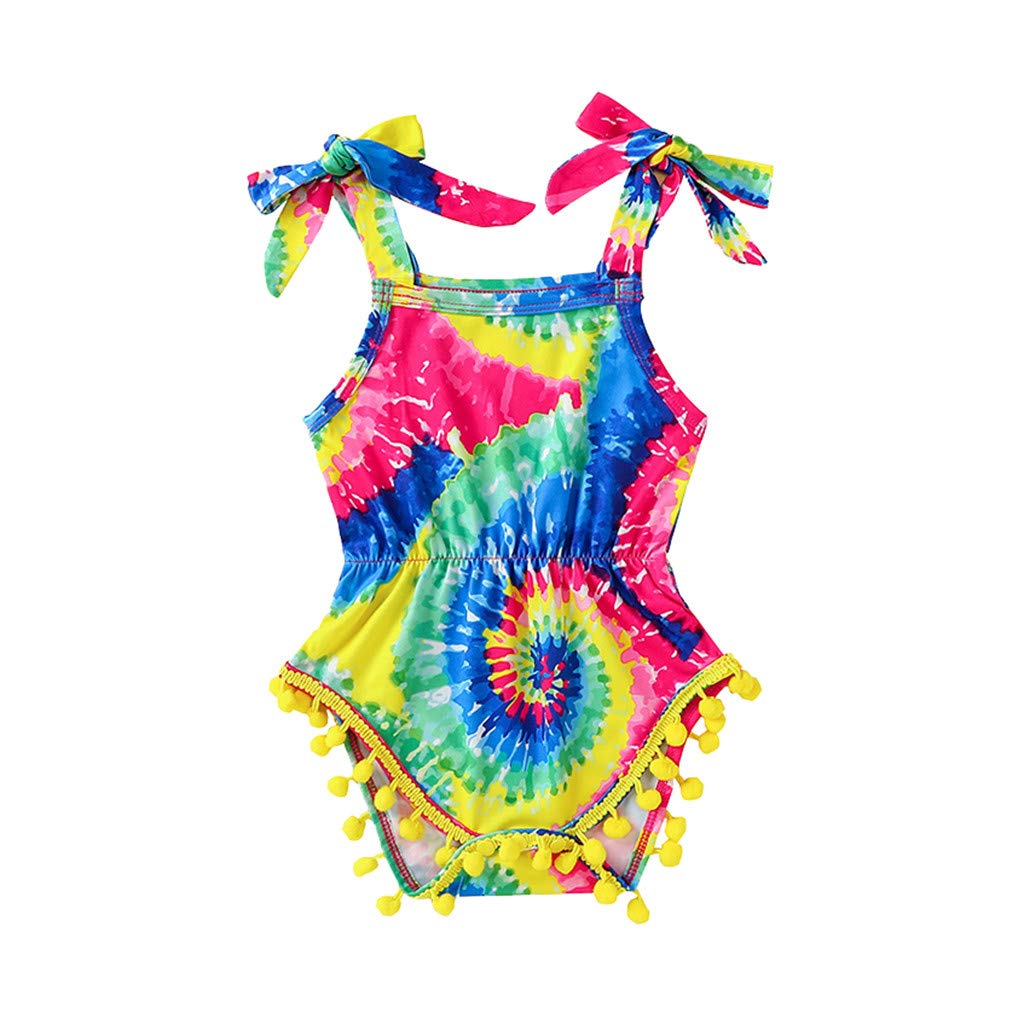 Newborn Infant Baby Girls Rainbow Tie Dye Print Tassels Romper Bodysuit Sleeveless Jumpsuit Casual Colthing