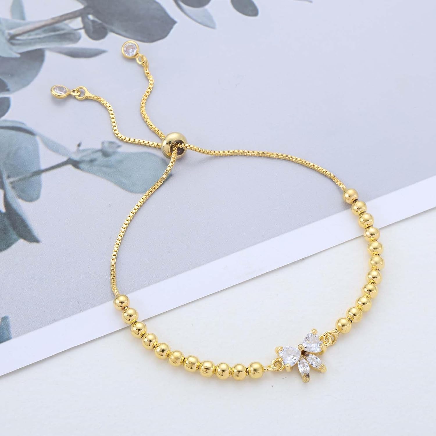Vintage Tiny Rhinestone Butterfly Bracelet Gold Bead Chain Bracelet Cz Butterfly Hand Chain Bracelet Adjustable Beaded Crystal Bracelet Hand Chain Jewelry for Women - Image 3