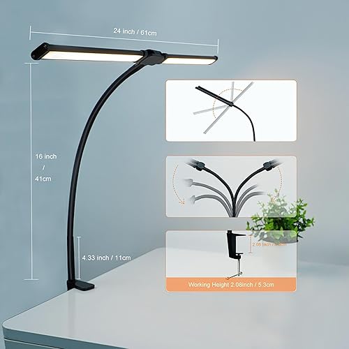 Miniatura 2 de Tissting Lámpara de escritorio LED de doble cabezal, 10 W, 3 modos de color, cuello de cisne flexible para oficina en casa, iluminación de tareas