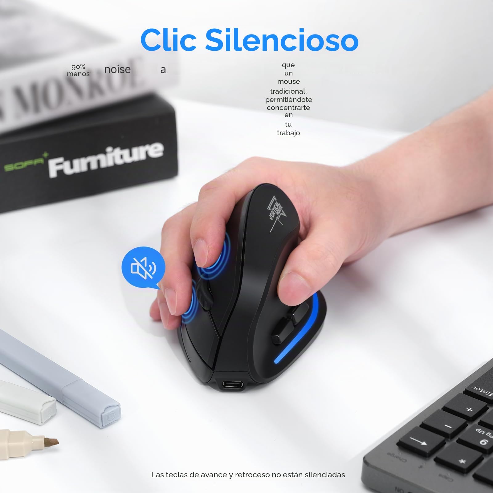 Ratón Inalámbrico Portátil, Ratón Vertical, Diseño Ergonómico, 2.4 G Óptico, 3 Niveles Ajustables dpi, 6 Botones- Protege el Brazo2 (F35)