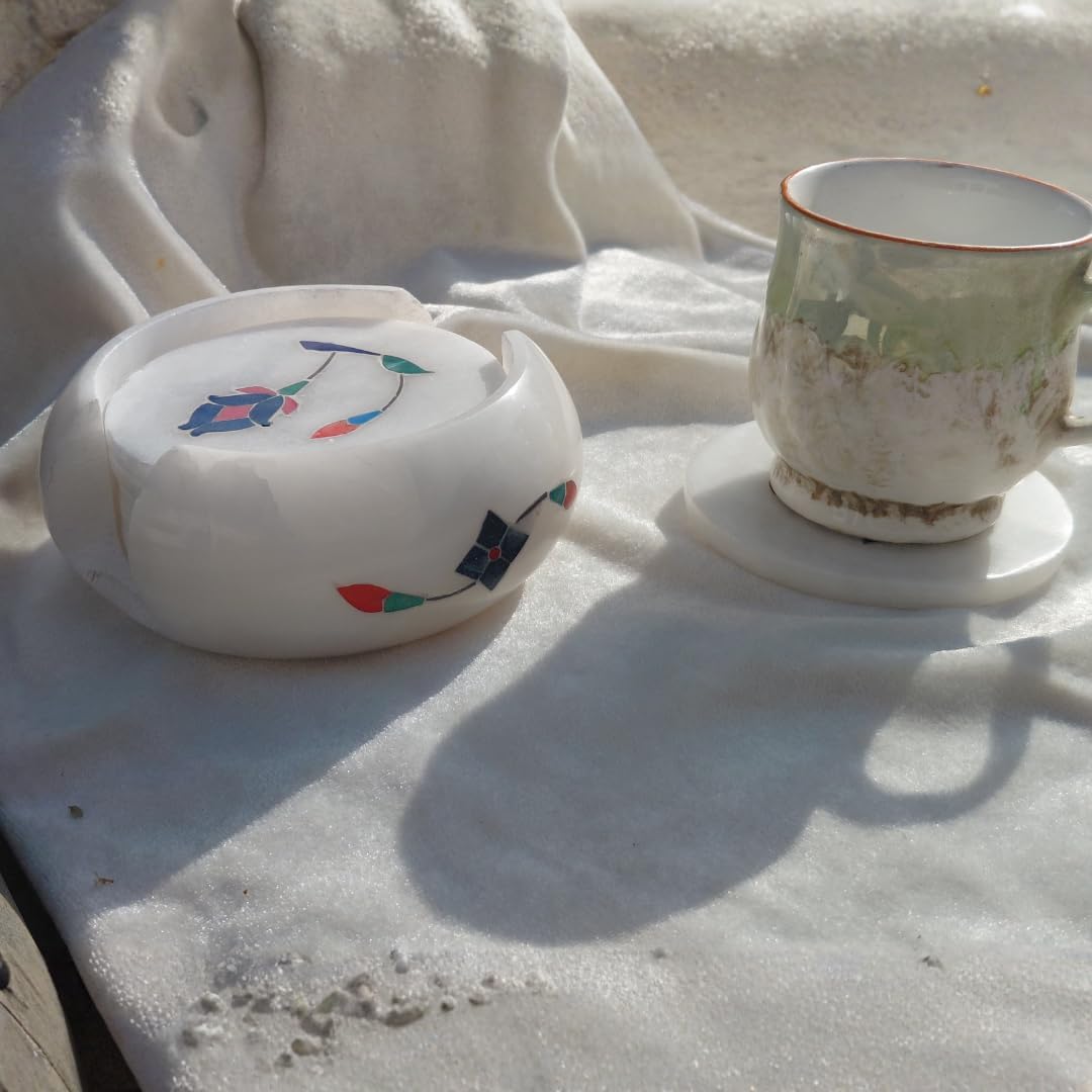 White Marble Coaster Set with Floral Inlay, Round, 4x4 Inch, Handcrafted Stone Tea Coffee Table Decor