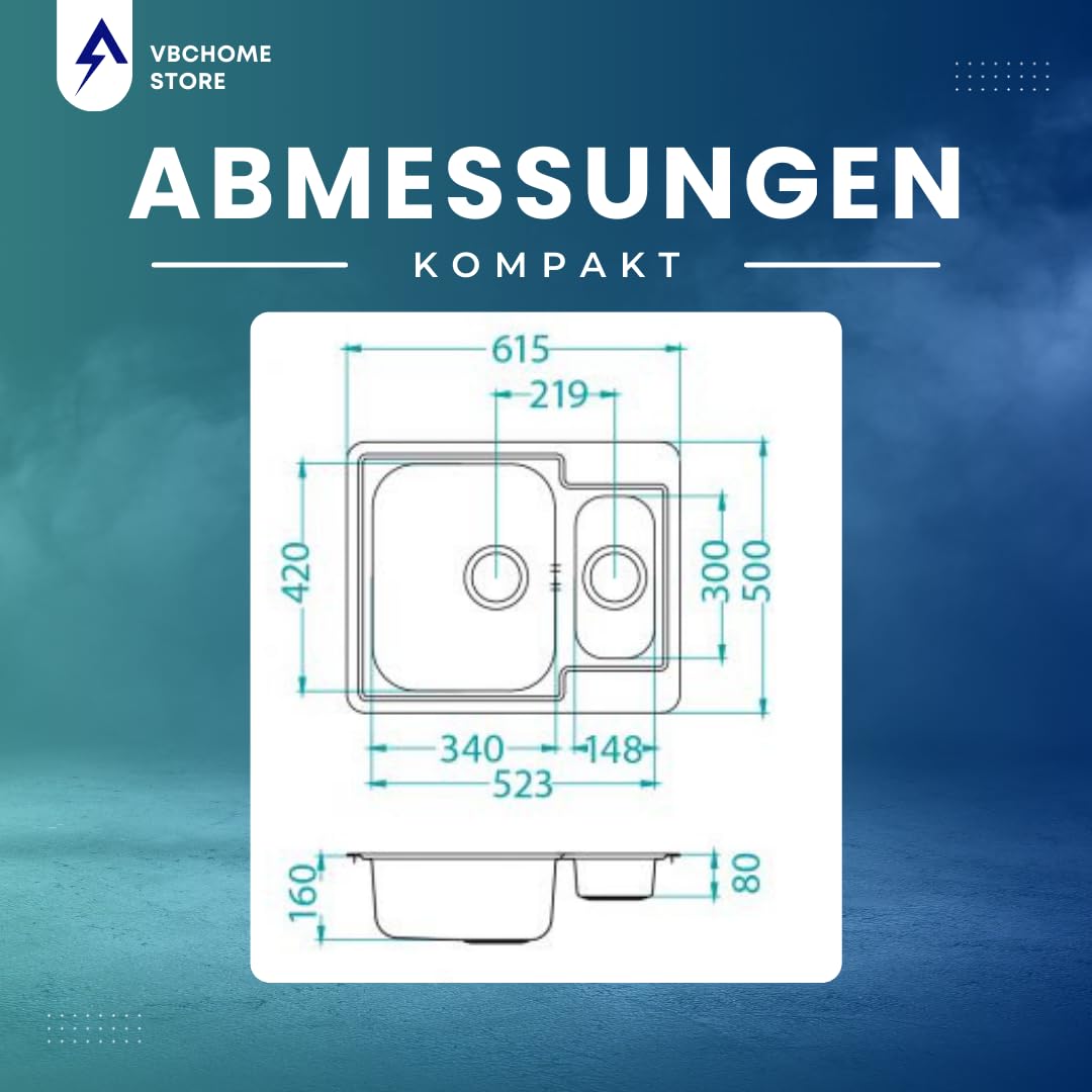 VBChome Edelstahlspüle 62x50 cm Satinstruktur Einbauspüle Küchenspüle Spülbecken Camping 1,5 Becken Ablaufgarnitur Ohne Hahnloch