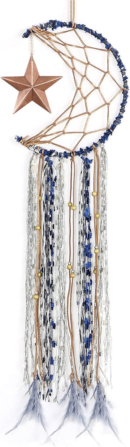 Alynsehom Dream Catchers for Kids Bedroom Handmade Star Moon Half Circle Net Blue Dream Catcher Gray Natural Feathers Wall Art Hanging Home Decorations Dorm Room Ornament Craft Gift