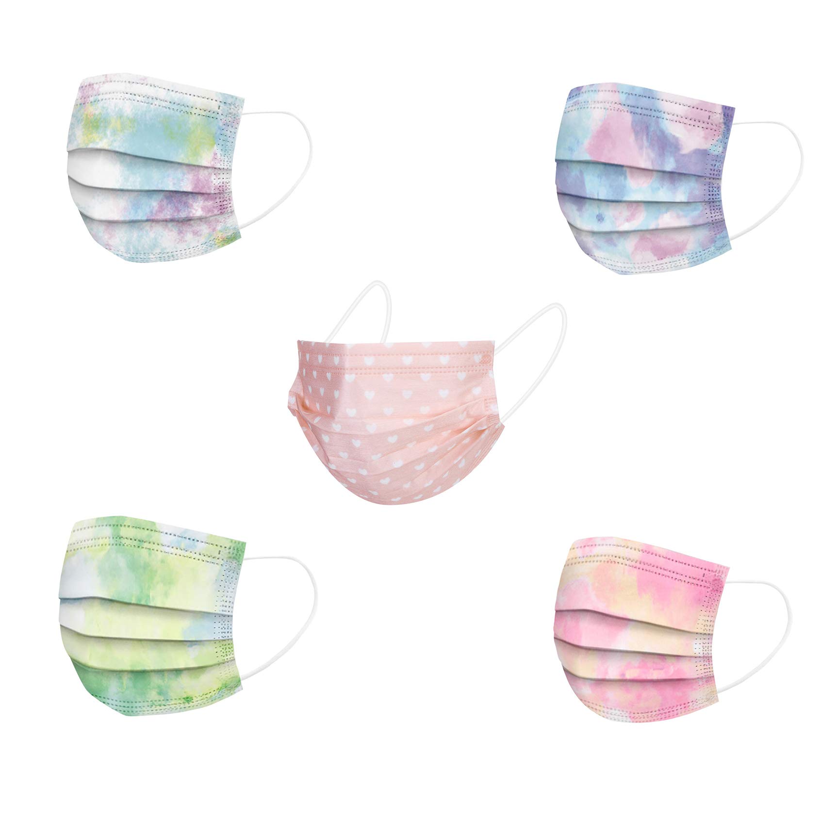 50Pcs Colorful Printed Adults' Disposable_Face_Masks with Elastic Earloops and Nose Clip 3 Layer Face Protection Against Droplet Anti-Particle and Dust Breathable Mouth Cover Unisex (A+B+C+D+E)