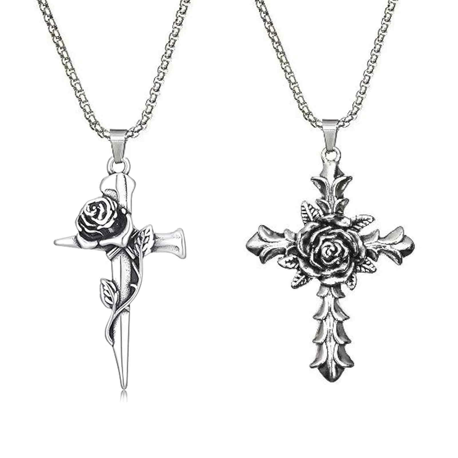 2PCS Necklace for Men, Holy Cross Jesus Chain for Men, Christian Cross Pendant, Gothic Punk Jewelry, Religious Gift for Couples, Chain for Mens with Rose Design (Silvery)