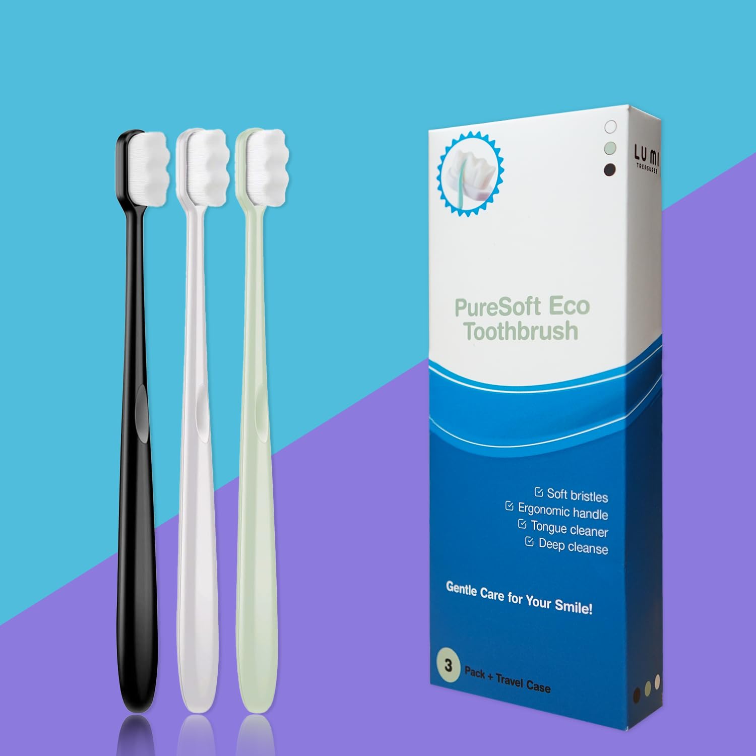 PureSoft Eco cepillo de dientes 20000 ultra suave, micro nanocerdas, sin BPA, ligero, con estuche de viaje, para encías sensibles, mujeres embarazadas, aparatos ortopédicos, ancianos,