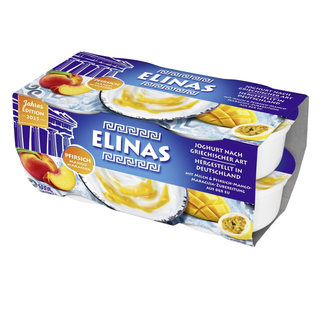 Elinas Joghurt nach griechischer Art – Pfirsich-Mango-Maracuja – 4 x 150 g – 4er Pack – Cremiger Fruchtjoghurt