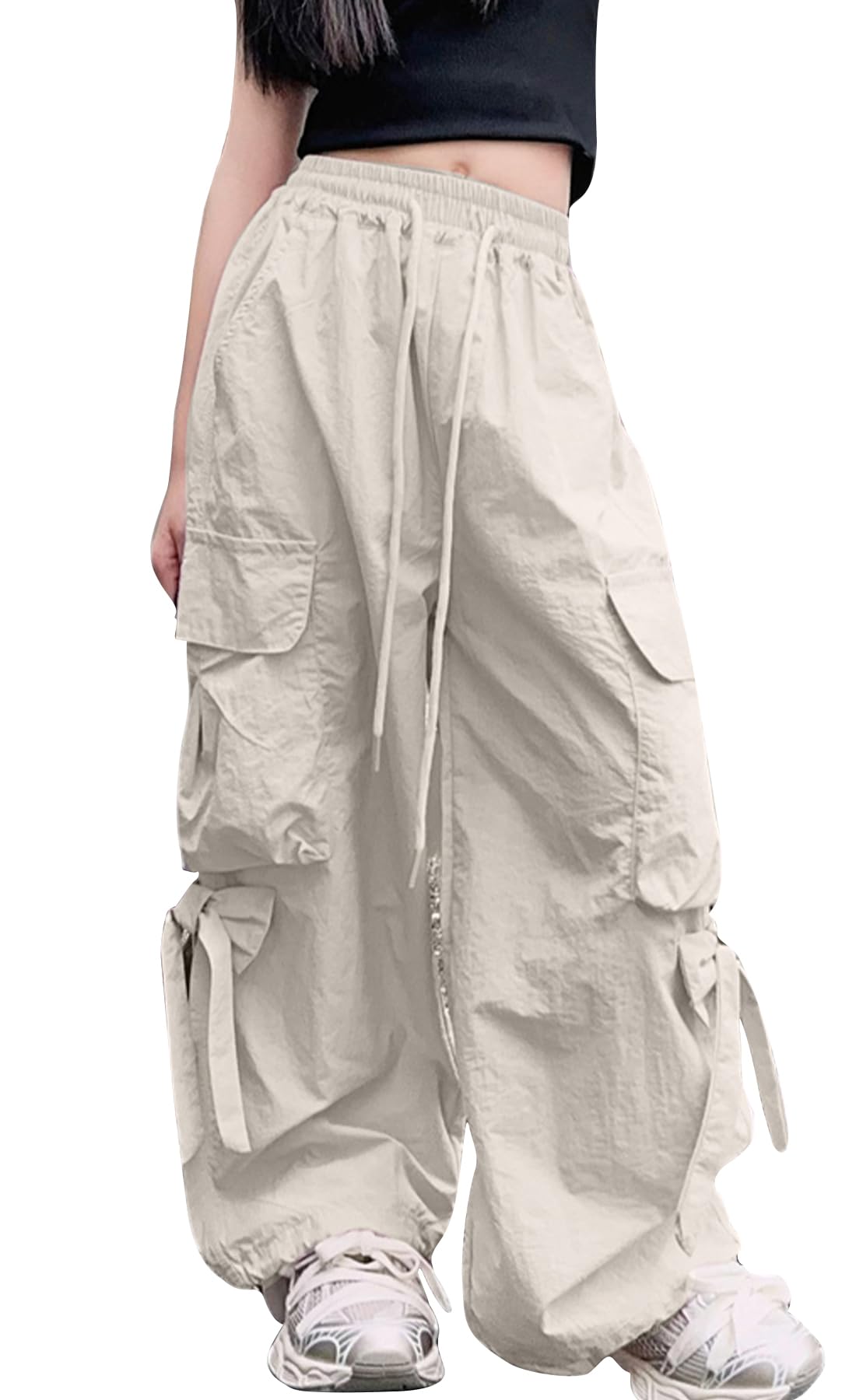 SEAUR Girls Cargo Jogger Pants High Elastic Waist Drawstring Baggy Pants with Bowknot Casual Streetwear Hip Hop Trousers with Pockets for 5-14 Years