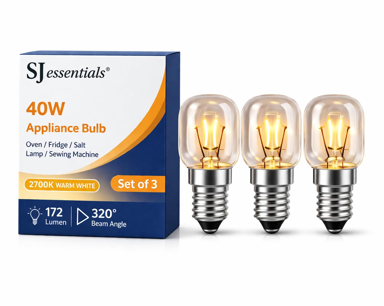SJ essentials 40W Oven Light Bulb E14 SES – Heat Resistant 300°C Appliance Bulb – Cooker, Fridge, Sewing Machine & Salt Lamp – Warm White 2700K – Pack of 3