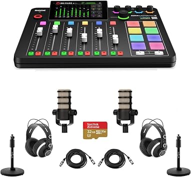 Rode RODECaster Pro II Integrated Audio Production Studio Console Bundle with 2x Rode PodMic Microphone, 2x TAPH500 Headphones, 2x H&A Mic Stand, 2x M to F XLR Cable, 64GB microSD Card