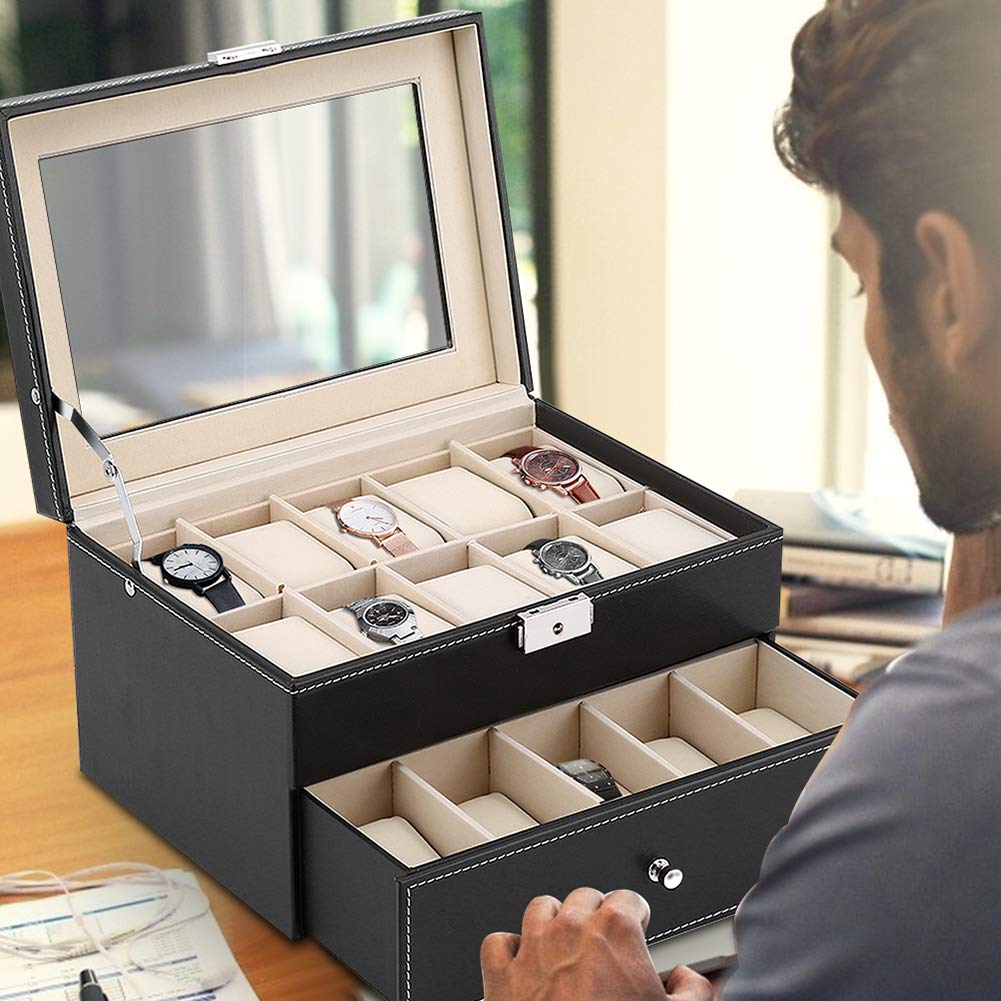 Caja Organizador para 20 Relojes de Piel Sintética con Forro Interior Terciopelo Tamaño 28 3 x 20 3 x 16 6 cm