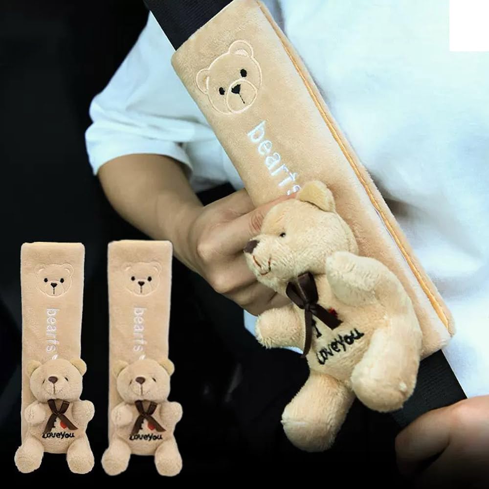 ZOSTLAND 2Pcs Car Seat Belt Pad Cover,Soft Auto Safety Strap Shoulder Pads,Plush Yellowish-Brown Cartoon Bear Doll Seatbelt Cover,Cute Harness Pad,Compatible with All Cars and Backpack(2Pcs Bear)