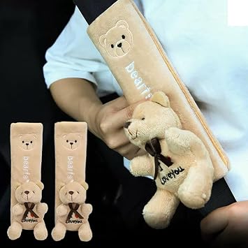 ZOSTLAND 2Pcs Car Seat Belt Pad Cover,Soft Auto Safety Strap Shoulder Pads,Plush Yellowish-Brown Cartoon Bear Doll Seatbelt Cover,Cute Harness Pad,Compatible with All Cars and Backpack2Pcs Bear