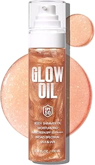 Body Glow Oil, Broad Spectrum SPF 50, Glitter Shimmer Sunscreen Body Oil Lotion with Sequin Mica, Lightweight Non-Sticky Moisturizer with Coconut, Skin Illuminator Glowing Results (02# Rose Gold)