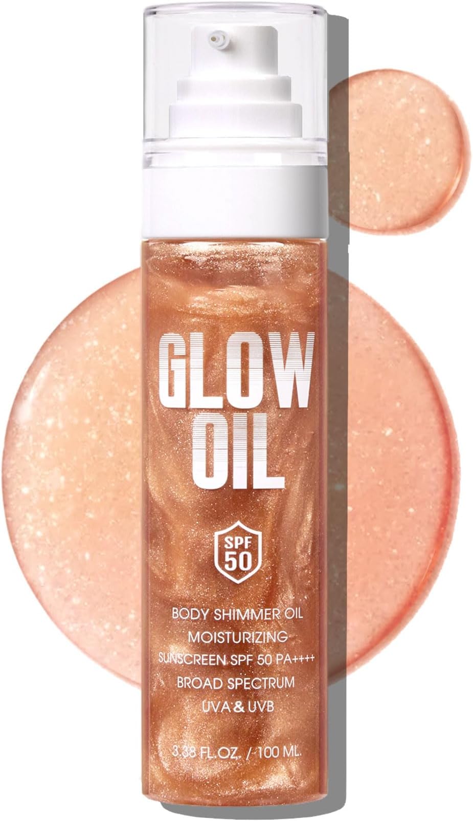 Body Glow Oil, Broad Spectrum SPF 50, Glitter Shimmer Sunscreen Body Oil Lotion with Sequin Mica, Lightweight Non-Sticky Moisturizer with Coconut, Skin Illuminator Glowing Results (02# Rose Gold)
