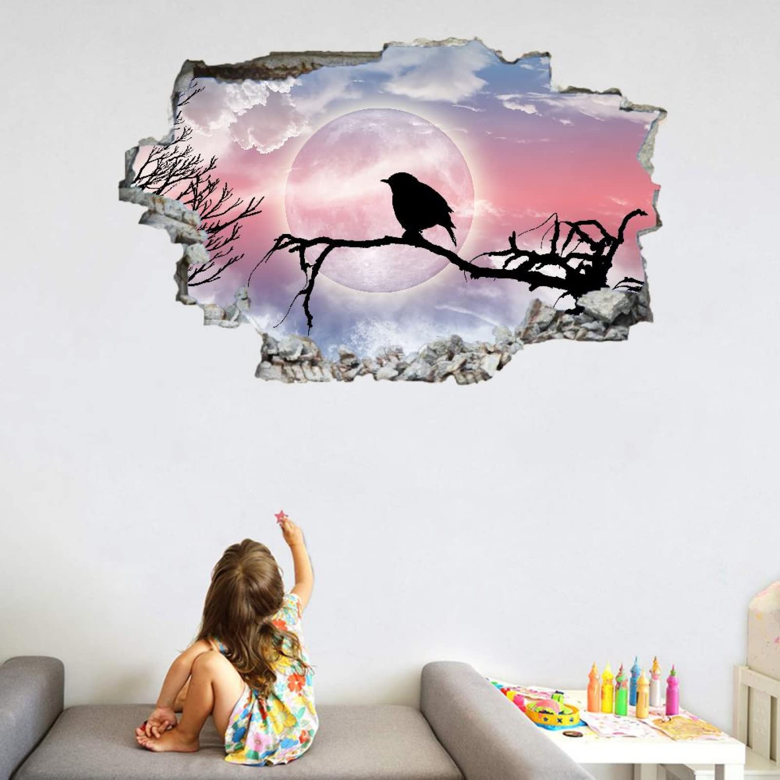 Pájaro Tatuajes De Pared Wall Tattoo 3D Smashed Luna Adhesivo De Pared Extraíble Calcomanías Murales Para Habitaciones Nubes Niñas Niños Dormitorio Mural Decoración Para El Hogar 80x120cm