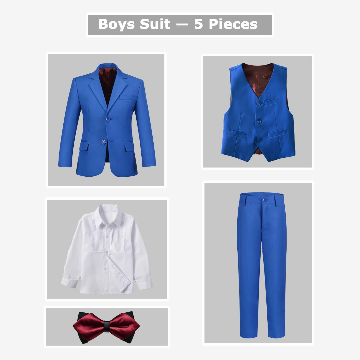 Boys' Formal Suit 5 Piece Slim Fit Suits for Boy Kids Tuxedo Toddler Wedding Ring Bearer Outfit Teen Communion Dress