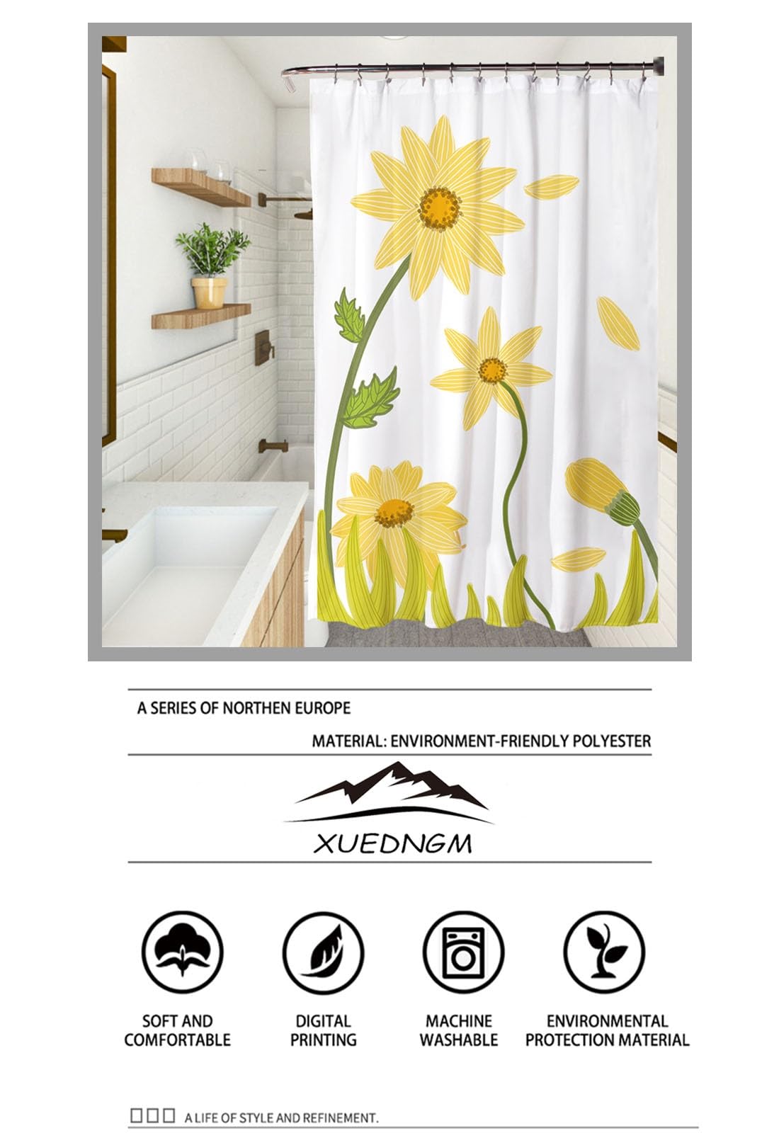 Tenda da Doccia Pieghevole 100 x 180 cm Tenda Doccia Foglie Verdi Tenda Vasca da Bagno con Pesi, Personalizzabile,Impermeabile, Lavabile, con Ganci, Fiore Giallo