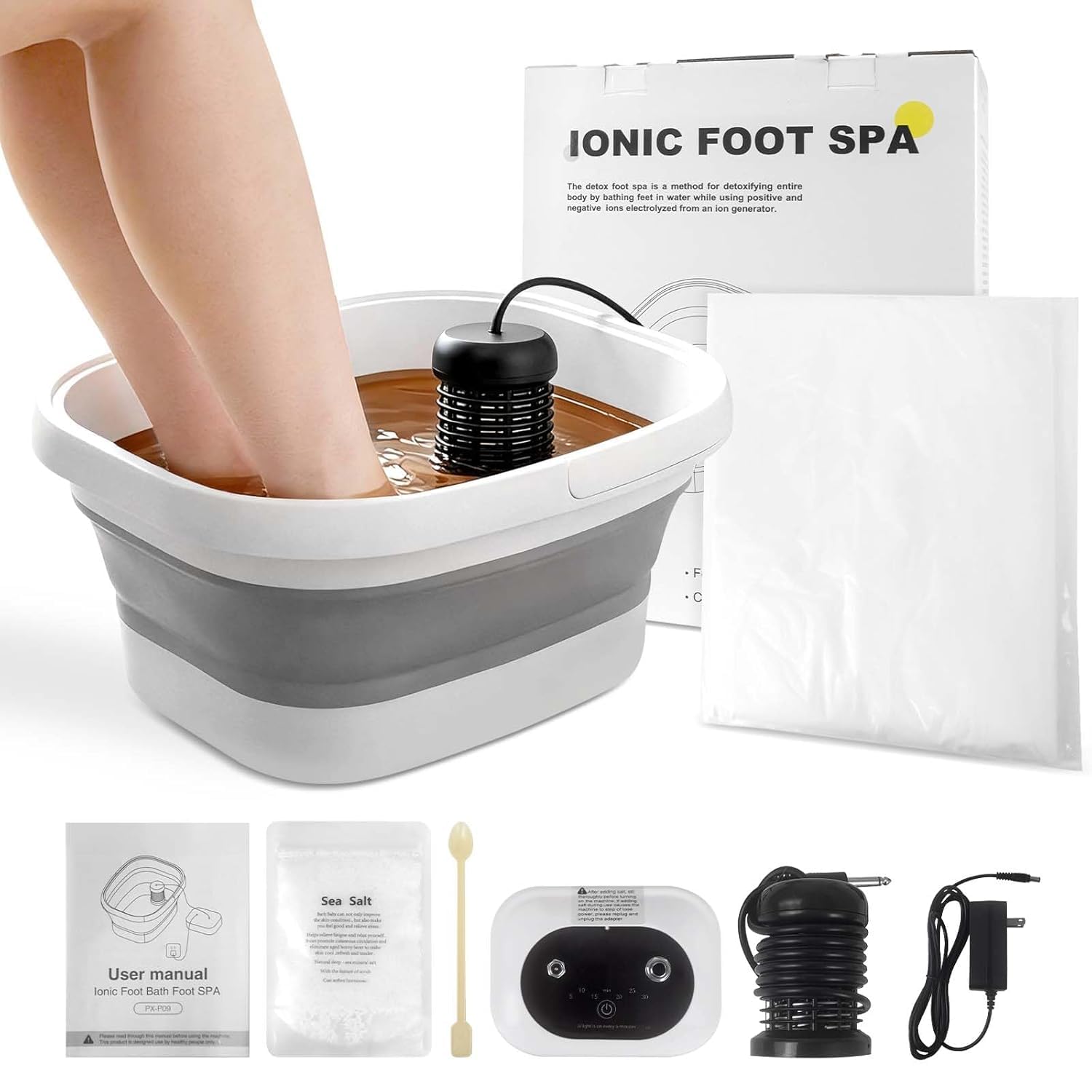 Ionic Foot Bath Detox Machine-Foot Detox Machine with 2 Ionic Arrays,Foot Spa with Foldable Foot Soaking Tub,80 Disposable Foot Bath Liner,1 Detox Sea Salt White