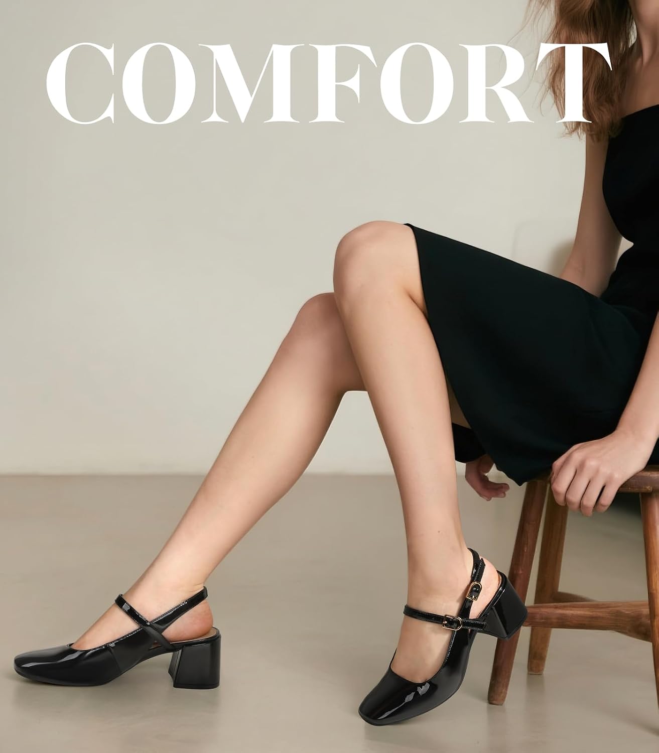 Ankis Women's Mary Jane Heels Slingback Chunky Low Heels Square Toe Dress Pumps for Office Wedding Party