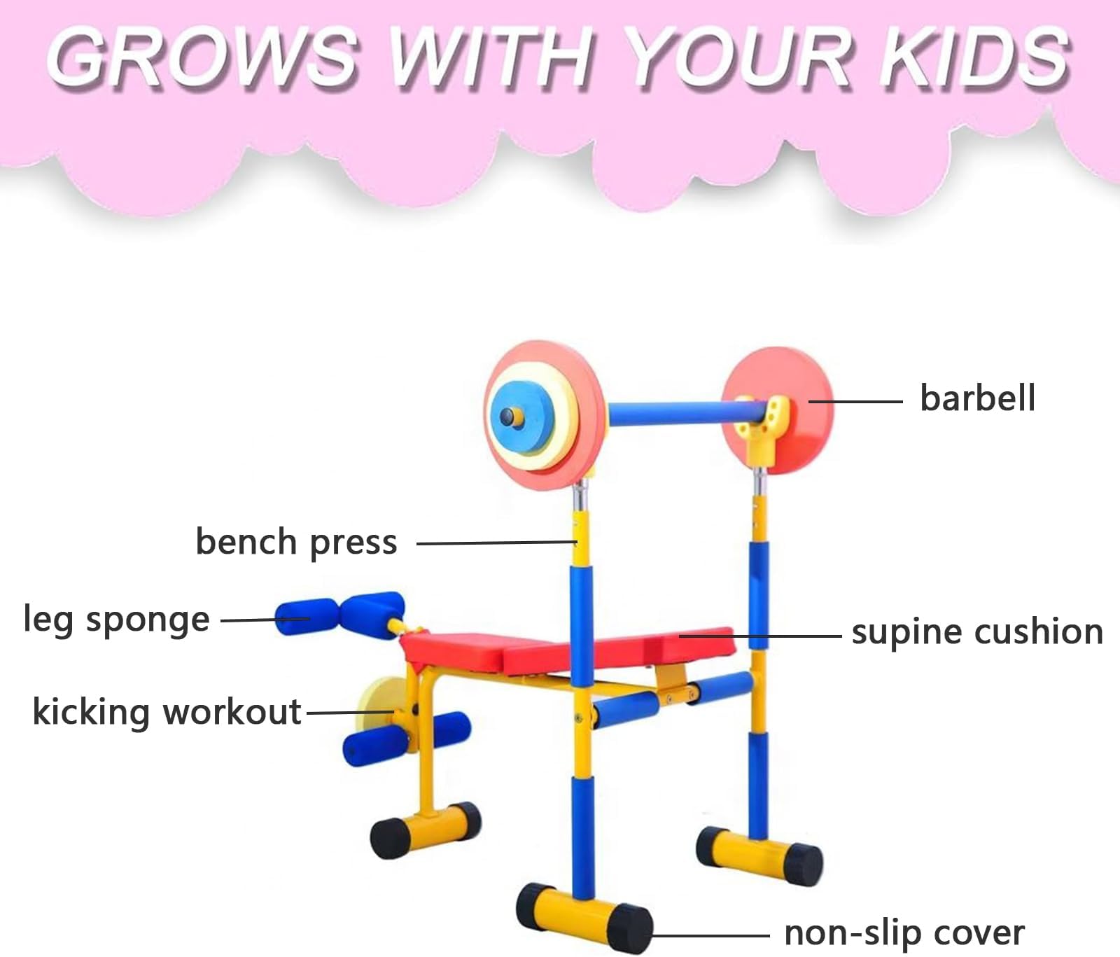 Generic Kids Fun and Fitness Dumbbell Set, Toddler Gym for Beginner Exercises and Weightlifting with Leg Press and Barbell, Flat Weight Bench, Ages 3-8