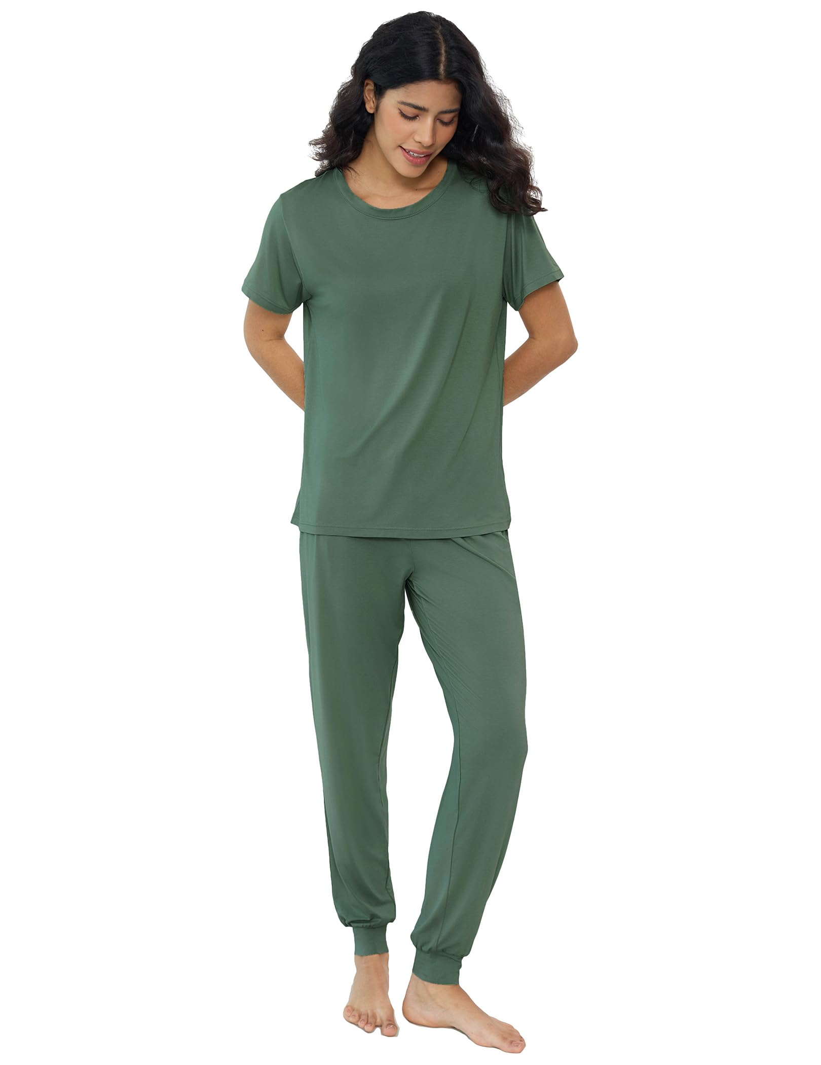 Joyaria Bambus Viskose Pyjama Set Kurzarm Damen Lange Hose mit Bündchen | Bambus Viskose, Leicht, Weich, Jogginghose mit Taschen, Zweiteiliger Schlafanzug, S-XXL
