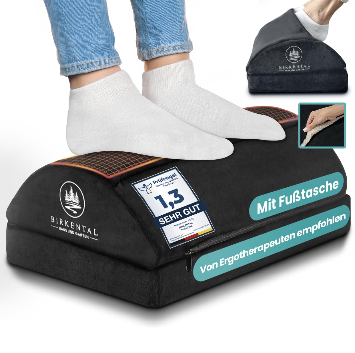 Birkental Poggiapiedi scrivania – (vincitore del test) con morbida tasca per piedi – ergonomicamente regolabile in altezza – poggiapiedi antiscivolo – accessori per ufficio e scrivania per comfort –