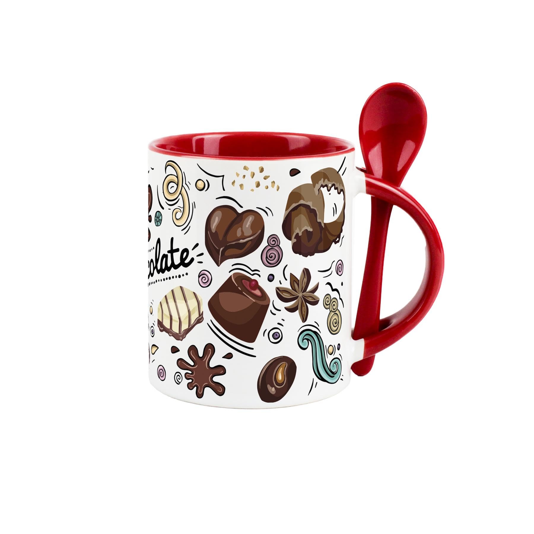 Purely Home Novelty Hot Chocolate Mug and Spoon Set - Sweet Treats Gifts for Chocolate Lovers - Ceramic Red Coffee/Tea Mug with Spoon in Handle