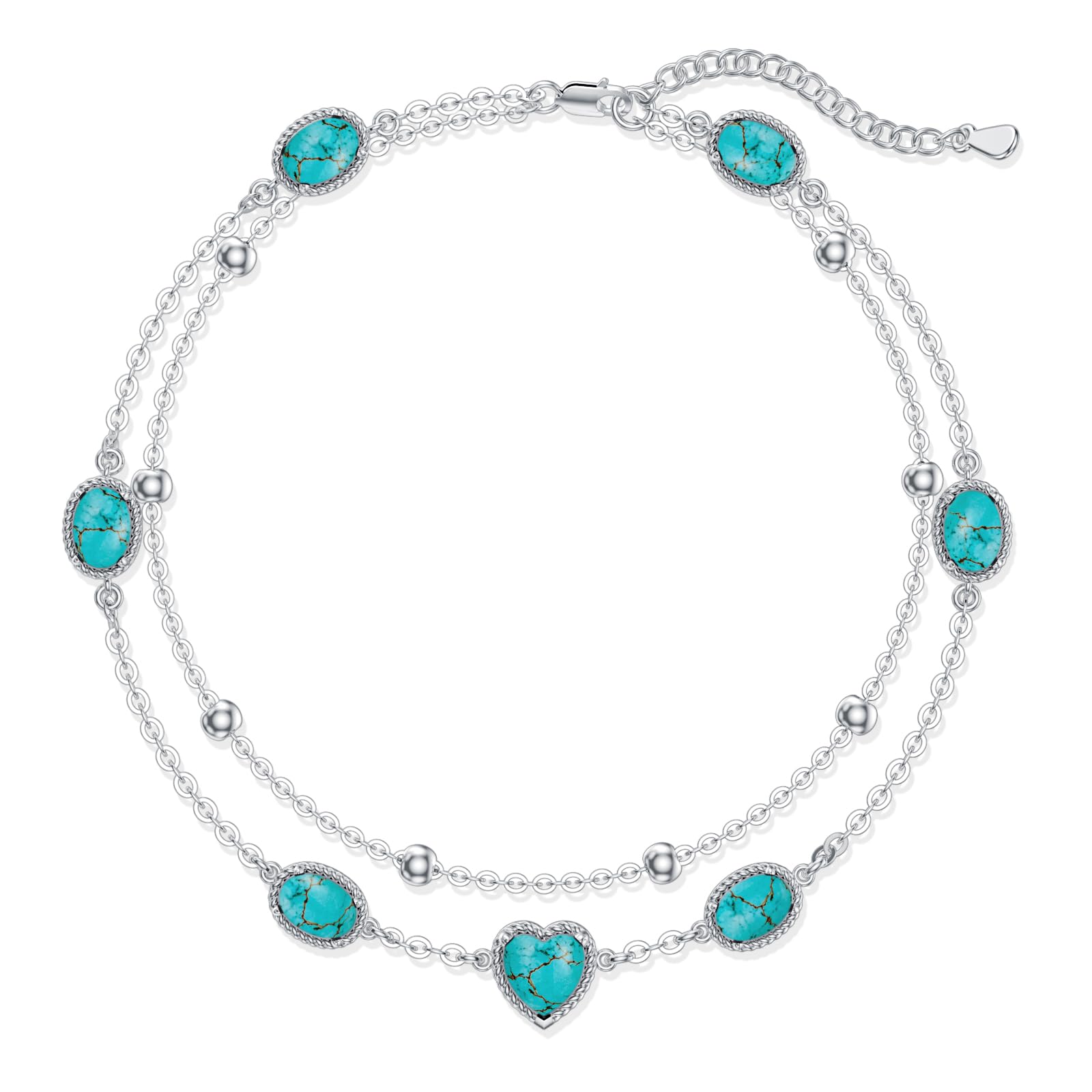 Cavigliera in turchese naturale, da donna, in argento Sterling 925, regolabile, multistrato, per la spiaggia e l'estate