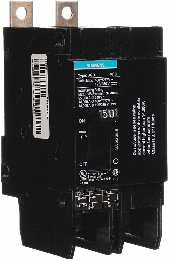 Siemens BQD250 50-Amp Double Pole 480Y/277V AC - 125/250V DC 14KAIC Bolt in Breaker