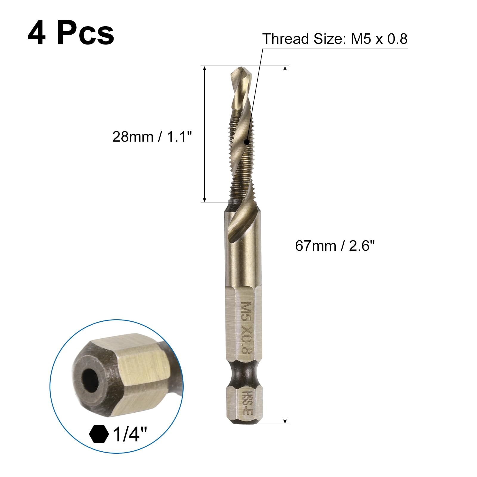 QUARKZMAN 4 Piezas Barrenas de Taladro y Roscado Métrico M5 x 0.8 Rosca Vástago Hexagonal de 1/4" Tornillos de Roscado Amarillo Tostado Barrenas de Alta Velocidad de Acero 6542
