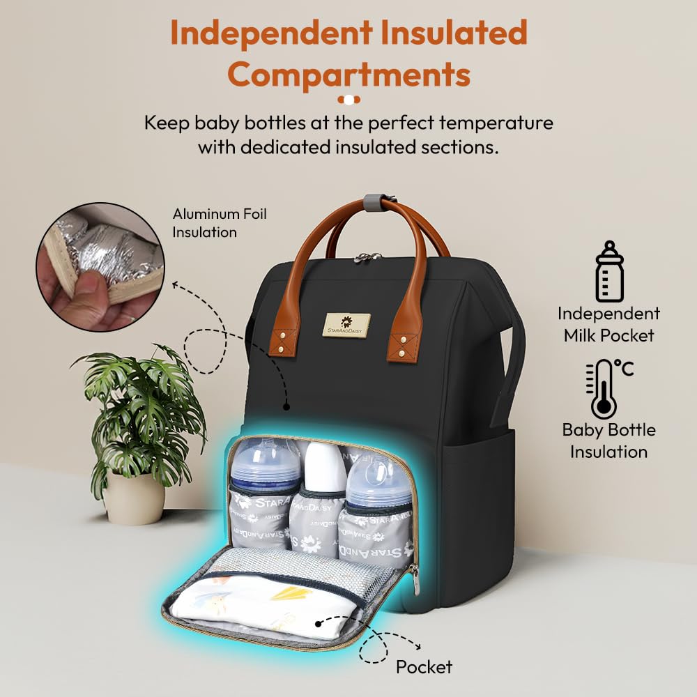 StarAndDaisy Diaper Backpack For Mothers For Travel/Diaper Bags For Mom With Multi Compartments, Insulated Bottle Pockets, Waterproof, Ultra Soft Oxford Fabric, 24Lt Capacity - Black 3