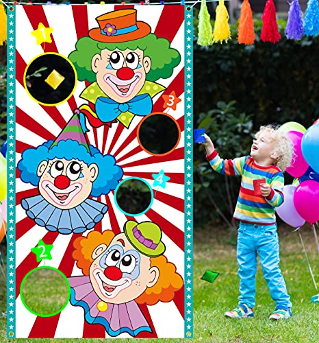 Carnival Clown Toss Game with 4 Bean Bags, Carnival Party Activities for Kids Adults, Carnival Party Hanging Banner Background Decorations