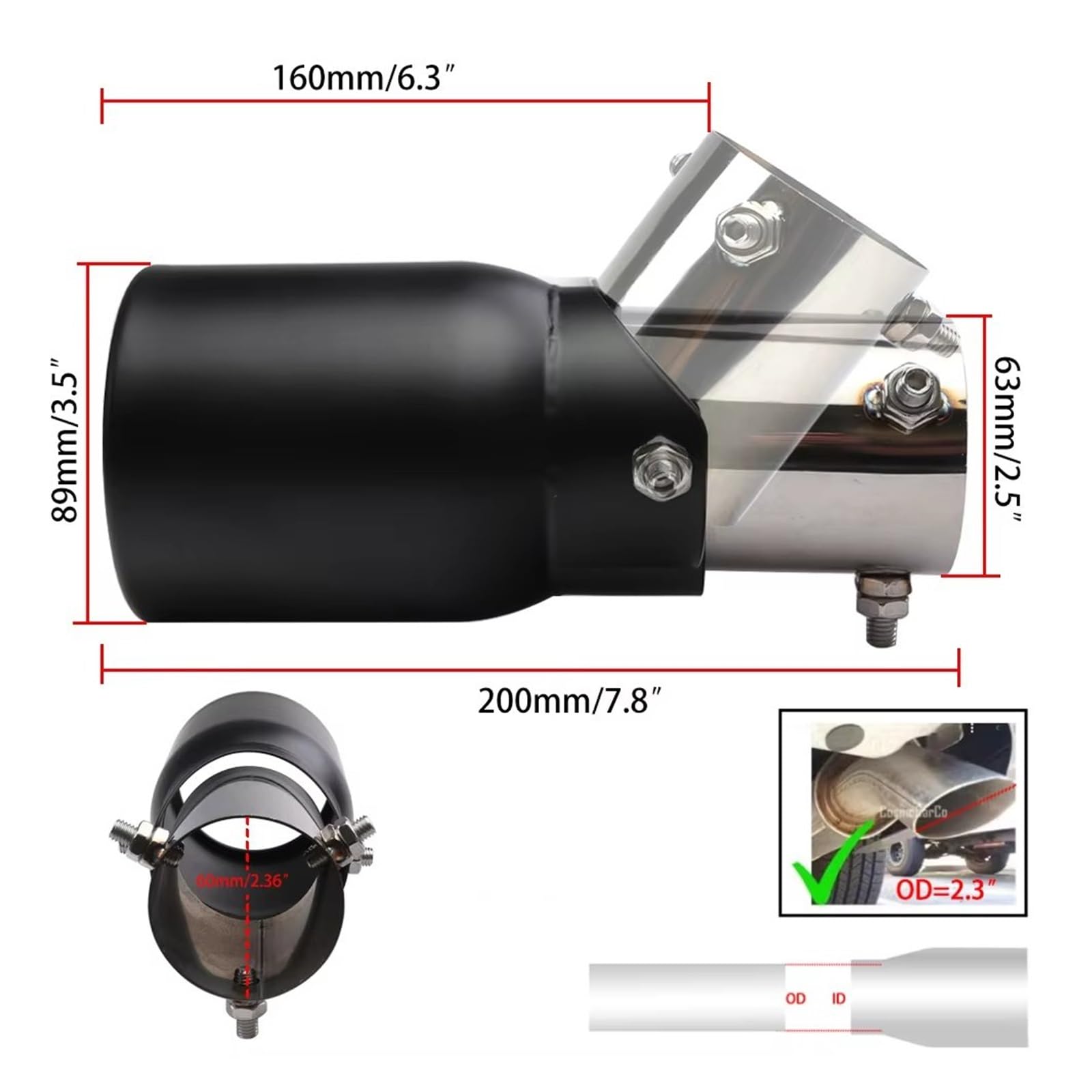 Silenciador Cola Punta Escape Acero Inoxidable 63 Mm/3,5" Y 89 Mm Ajustable Universal Para Coche SUV Un Solo Rollo Atornillado Car Escape Tubo