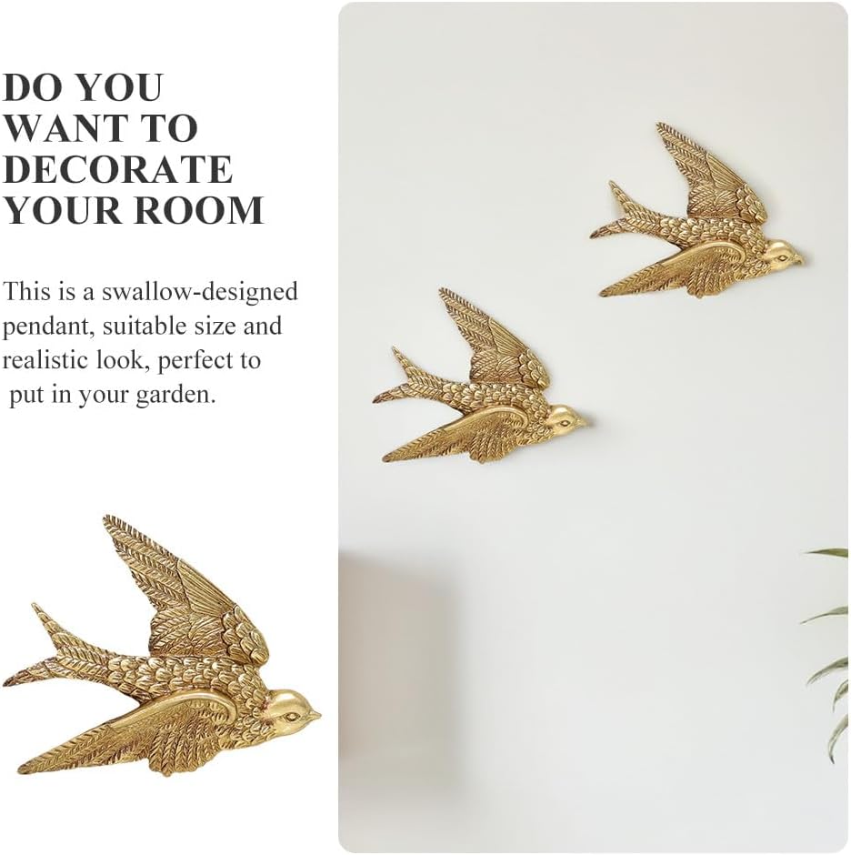 Yardwe 2 Pcs Resin Swallows Wall Decor 3d Bird Wall Sculptures Gold Finish for Living Room Bedroom Garden Hanging Decoration, 4.3x3.5x0.6 Inch