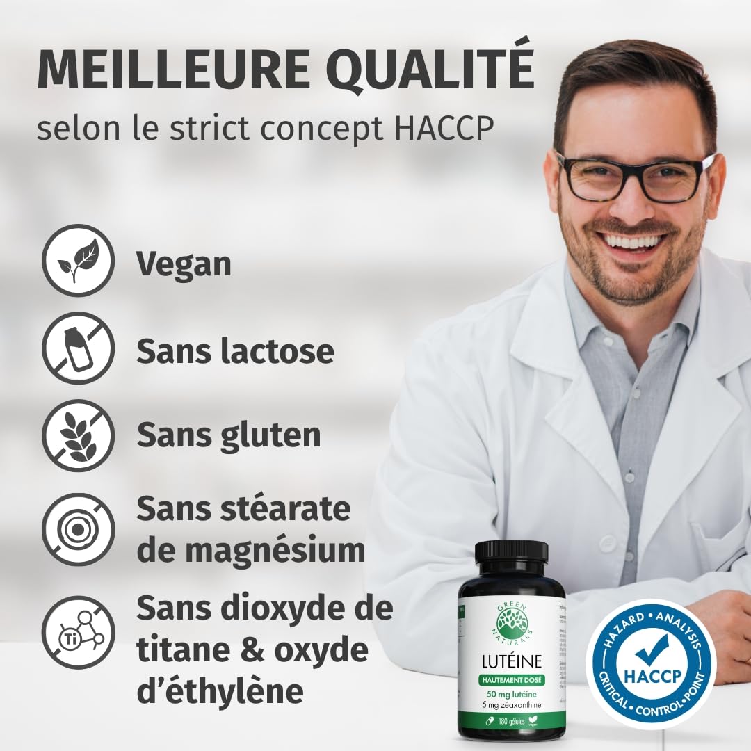 Green Naturals® Lutéine – Hautement dosée 50 mg de lutéine & 5 mg de zéaxanthine issus de 250 mg d’extrait naturel de tagète (Tagetes erecta) – 180 gélules (6 mois)