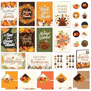 Decorably 40 Pack Foiled and Glittery 4x6in Happy Thanksgiving Cards with Envelopes Stickers 10 Charming Designs Thanksgiving Greeting Cards with Envelopes with Printed Message Inside