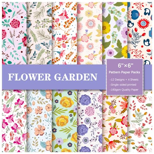 papel scrapbook,accesorios scrapbook, Paquetes de papel con estampado de plantas y flores de una sola cara, 6 x 6 pulgadas, 48 ​​hojas, 12 diseños, suministros for hacer álbumes de fotos y tarjetas
