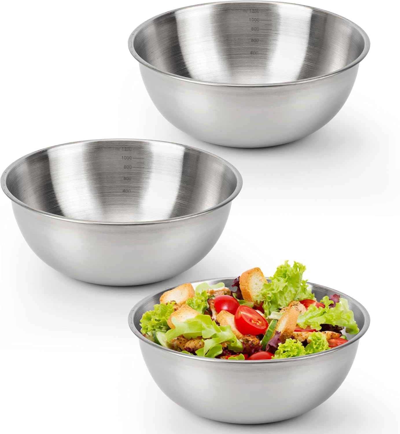3-Piece Stainless Steel Mixing Bowls (7.1") Metal Bowl Set with Measurement Marks, Dishwasher Safe & Stackable - Perfect for Baking, Salad Making, Meal Prep and Kitchen Use