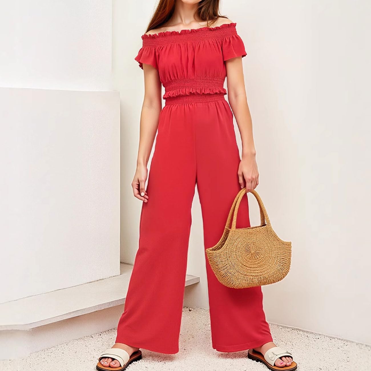 Completo Estivo Bambina, Top con Spalle Scoperte, Maniche con Volant e Vita Stretta + Pantaloni Elasticizzati a Vita Alta e Gamba Larga, Abbigliamento Bambina, Rosso 8-12 Anni
