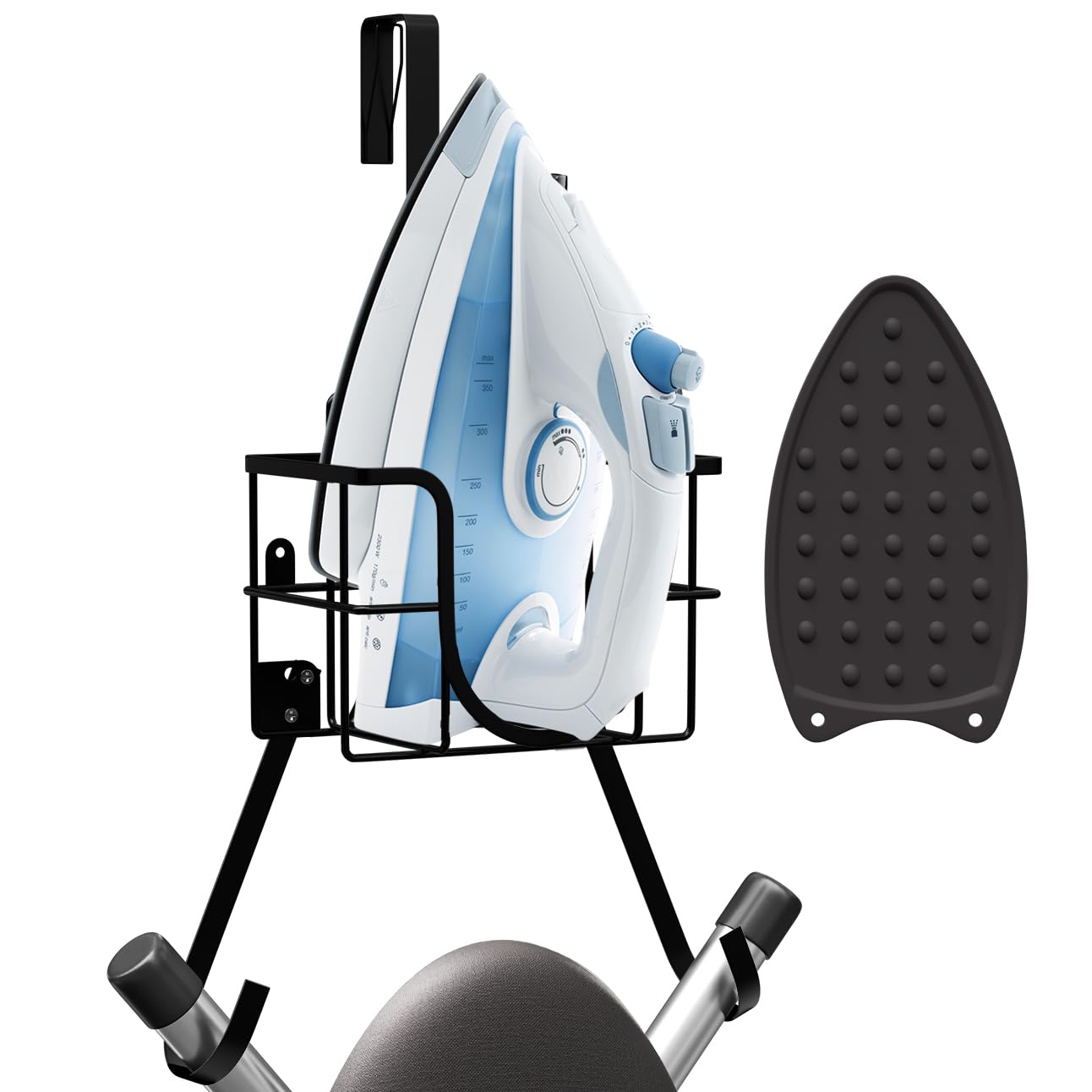 Hearth & Harbor Ironing Board Holder Wall Mount & Over The Door Hanger, Laundry Room Storage & Organization Space Saving, Iron & Ironing Board Hanger T&V Shaped, Black