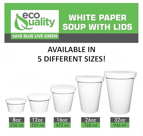 Miniatura 2 de 100 recipientes desechables de papel blanco para sopa de 32 onzas con tapas, combinados, recipientes para helado de cuarto de galón, tazas de yogur