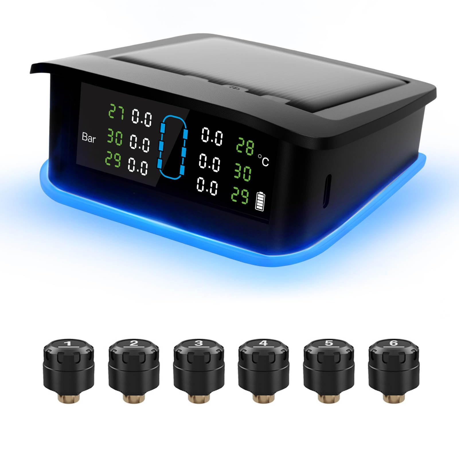 Keenso di Monitoraggio della Pressione dei Pneumatici, TPMS Solare con 6 Sensori Esterni, Retroilluminazione a Due Colori Blu Rosso, Visualizzazione in Tempo Reale per, Camion,